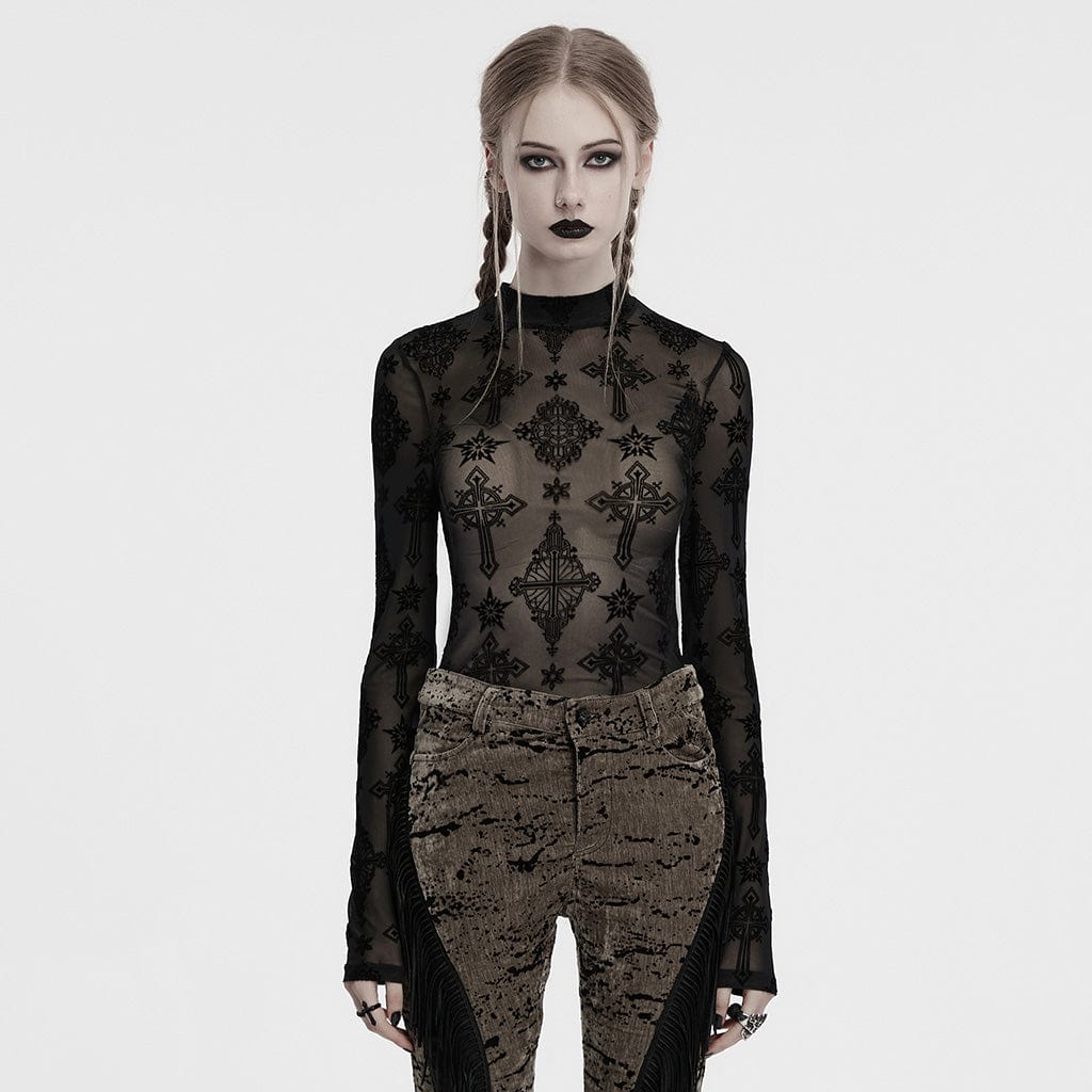 Gothic Star Cross Flocking Mesh T-shirt