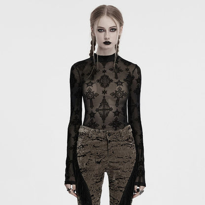 Gothic Star Cross Flocking Mesh T-shirt