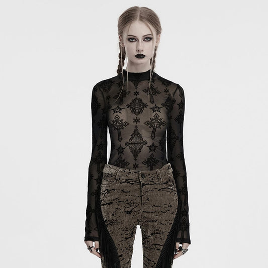 Gothic Star Cross Flocking Mesh T-shirt