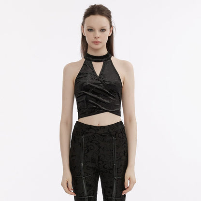 Gothic Strappy Halterneck Embossed Velvet Bustier