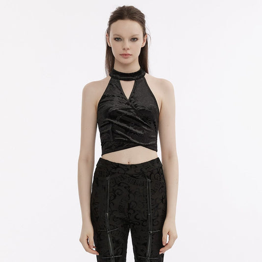 Gothic Strappy Halterneck Embossed Velvet Bustier