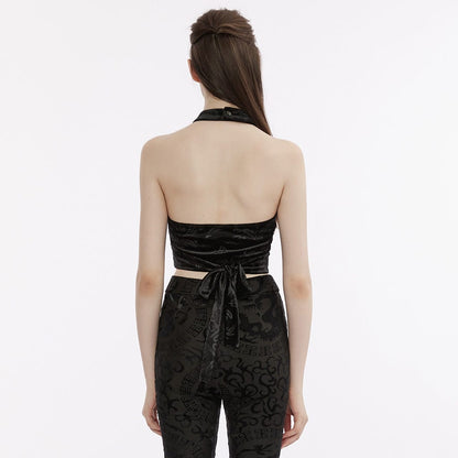 Gothic Strappy Halterneck Embossed Velvet Bustier