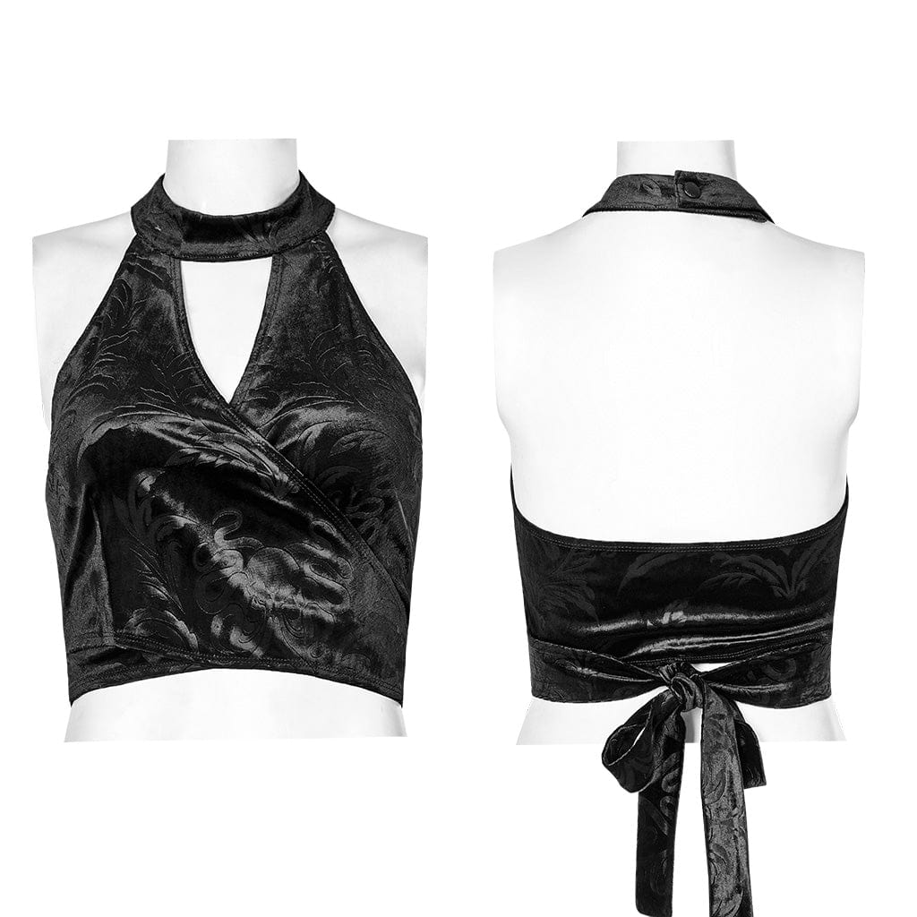 Gothic Strappy Halterneck Embossed Velvet Bustier