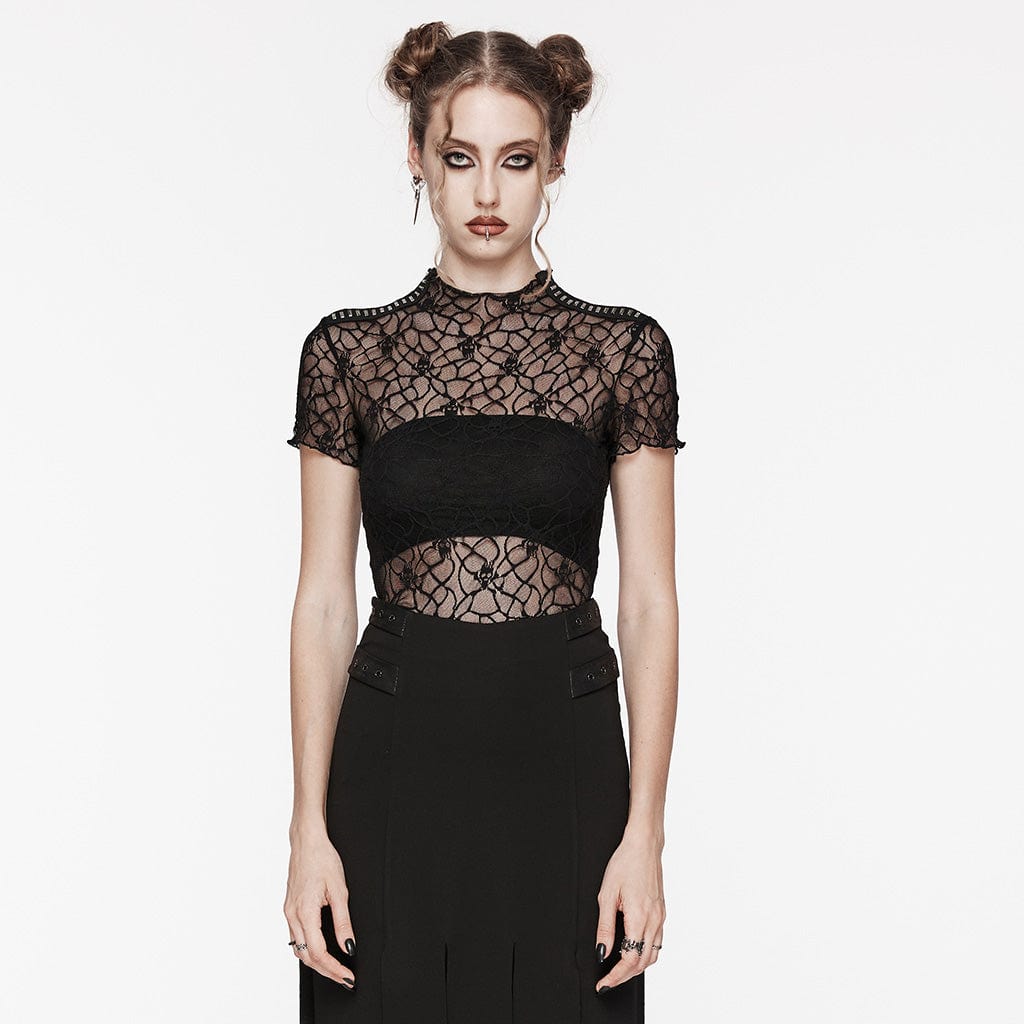 Gothic Studded Skull Mesh Top