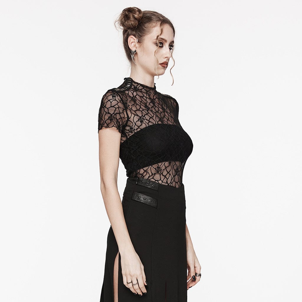 Gothic Studded Skull Mesh Top