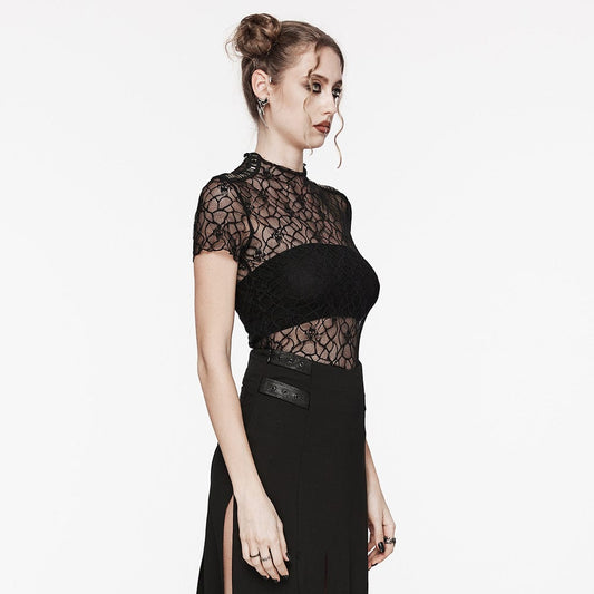Gothic Studded Skull Mesh Top