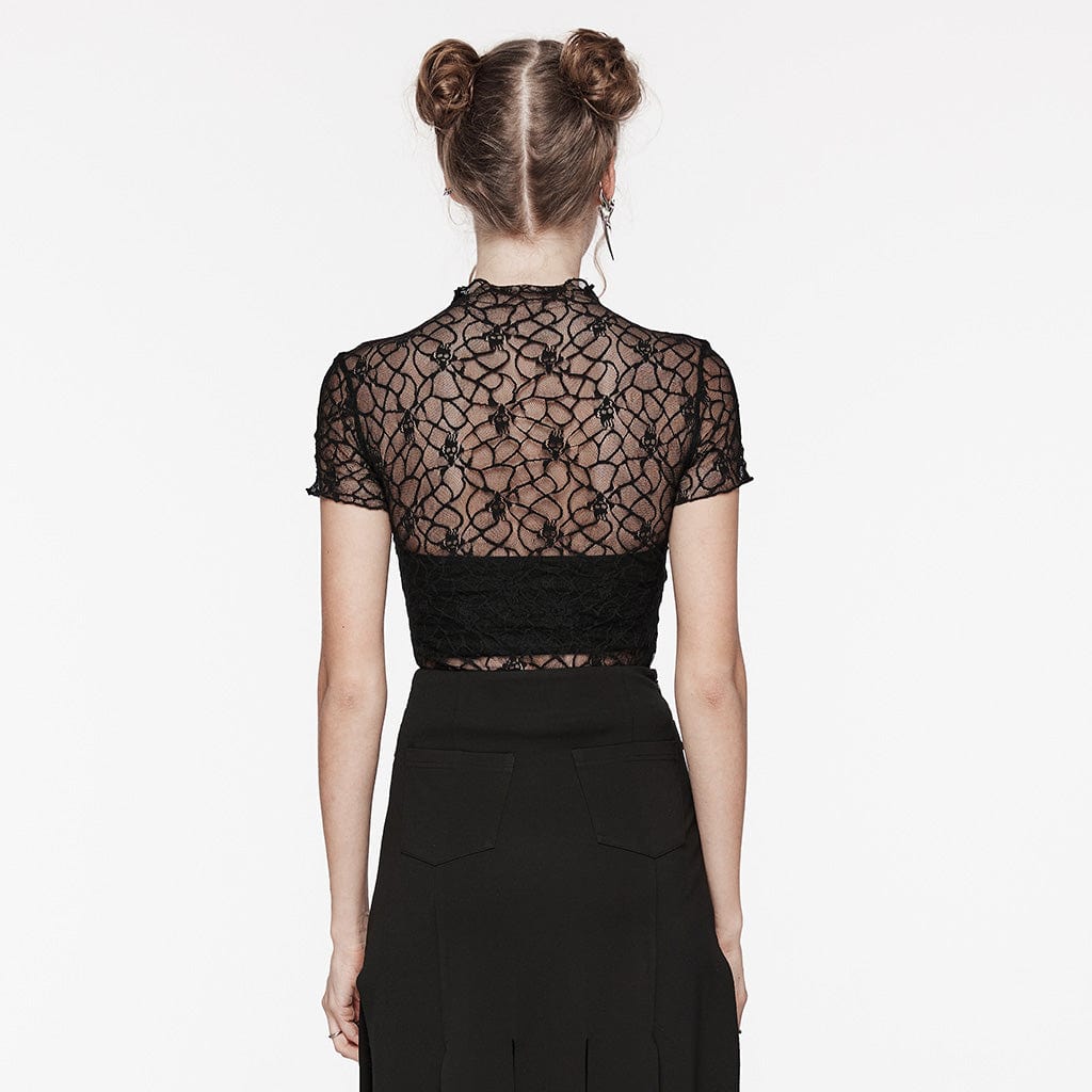 Gothic Studded Skull Mesh Top