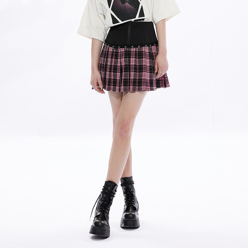 Grunge High-waisted Red Plaid Pleated Skirt