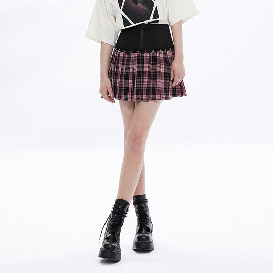 Grunge High-waisted Red Plaid Pleated Skirt