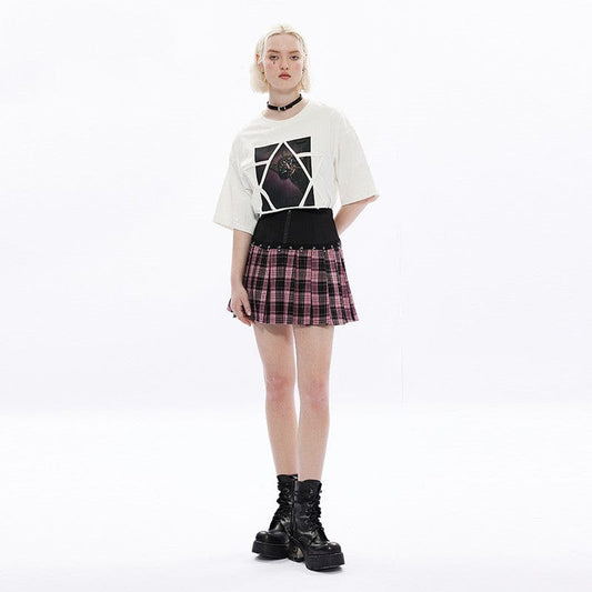 Grunge High-waisted Red Plaid Pleated Skirt