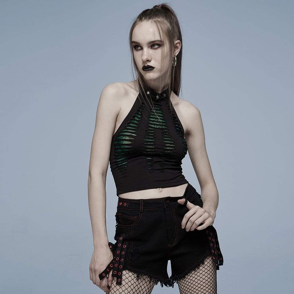 Grunge Ripped Skull Halter Crop Top
