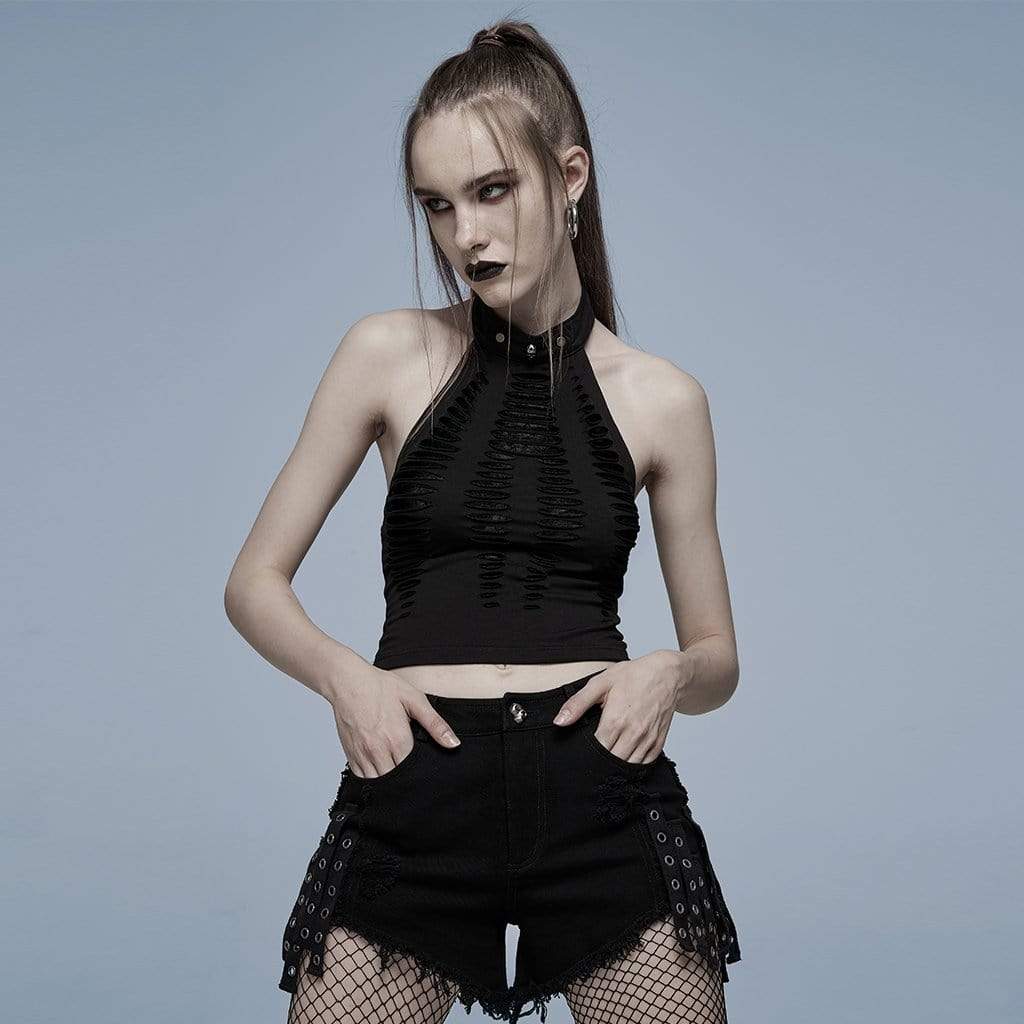 Grunge Ripped Skull Halter Crop Top
