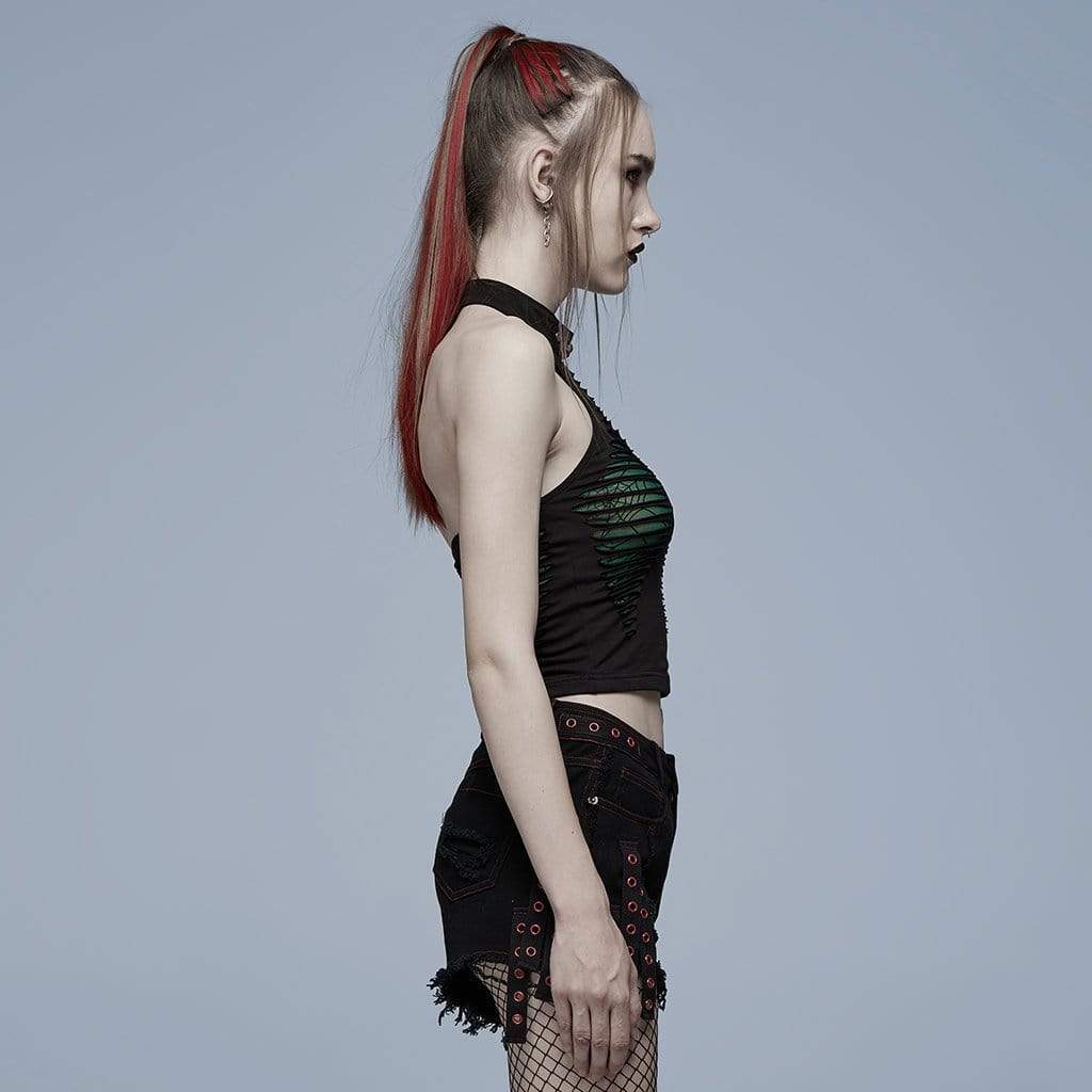 Grunge Ripped Skull Halter Crop Top