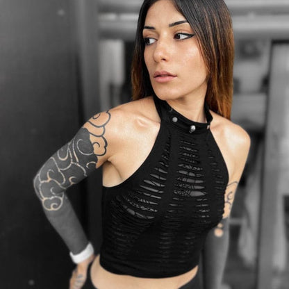 Grunge Ripped Skull Halter Crop Top
