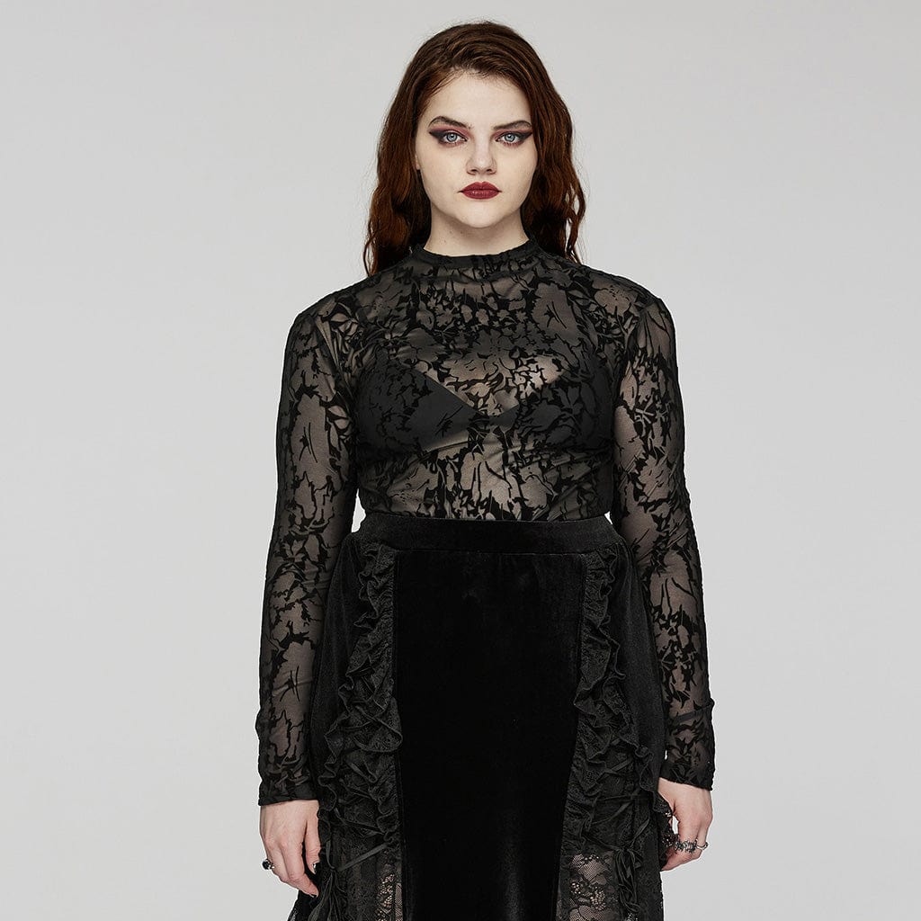 Plus Size Gothic Flocking Sheer Mesh Top