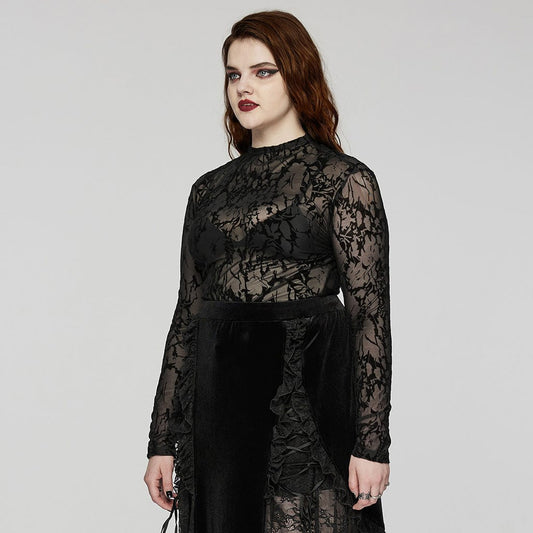 Plus Size Gothic Flocking Sheer Mesh Top