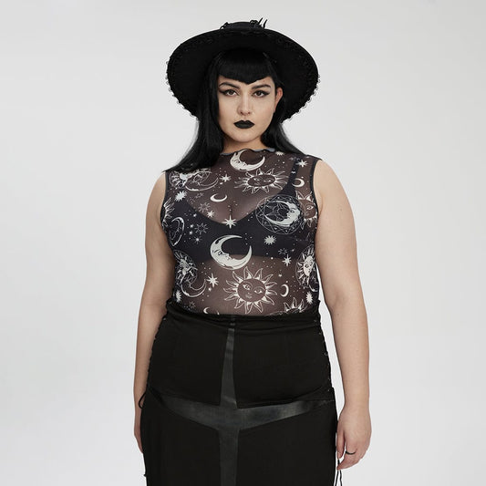 Plus Size Gothic Half-high Collar Sun Mesh Tank Top
