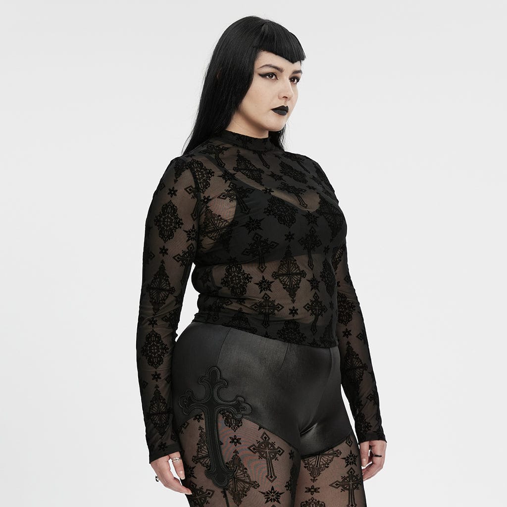 Plus Size Gothic Star Cross Flocking Mesh T-shirt