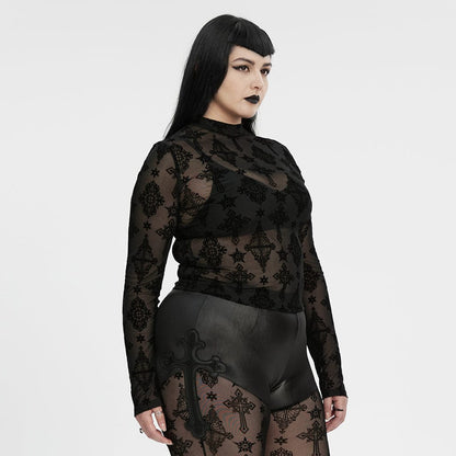 Plus Size Gothic Star Cross Flocking Mesh T-shirt