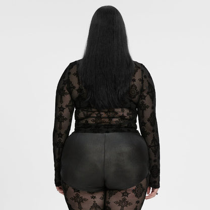 Plus Size Gothic Star Cross Flocking Mesh T-shirt