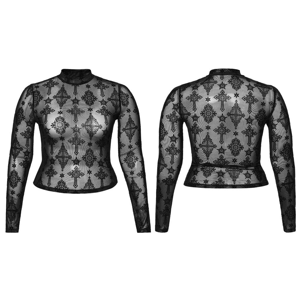 Plus Size Gothic Star Cross Flocking Mesh T-shirt