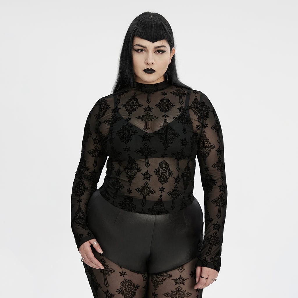 Plus Size Gothic Star Cross Flocking Mesh T-shirt