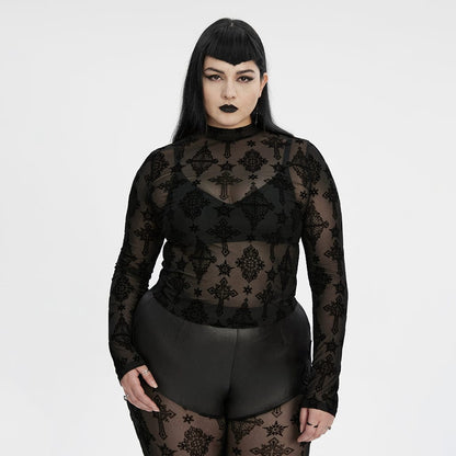 Plus Size Gothic Star Cross Flocking Mesh T-shirt