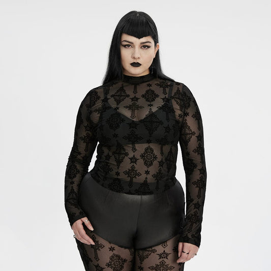 Plus Size Gothic Star Cross Flocking Mesh T-shirt