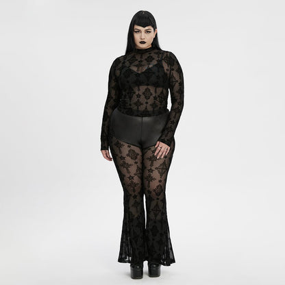Plus Size Gothic Star Cross Flocking Mesh T-shirt