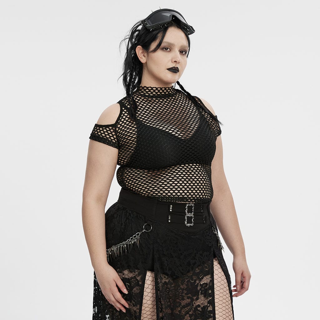 Plus Size Punk Sheer Cutout Mesh Top Black