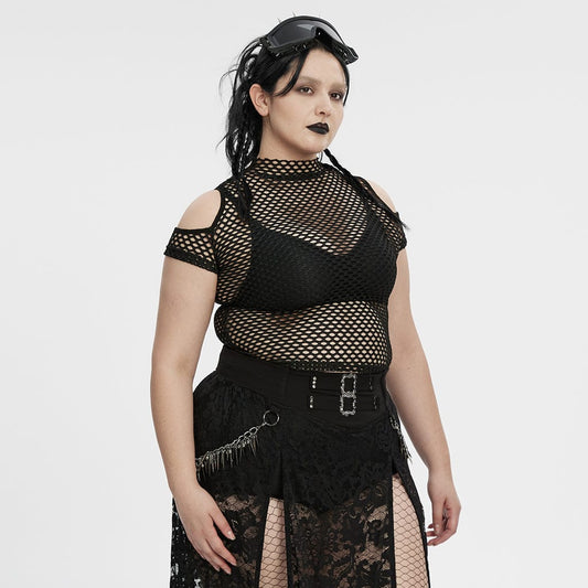 Plus Size Punk Sheer Cutout Mesh Top Black