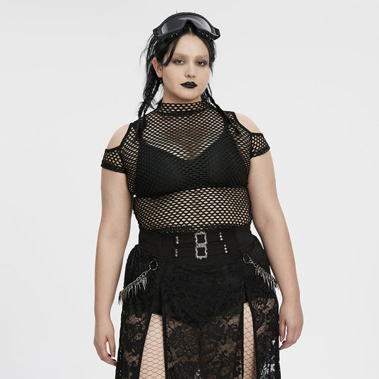 Plus Size Punk Sheer Cutout Mesh Top Black