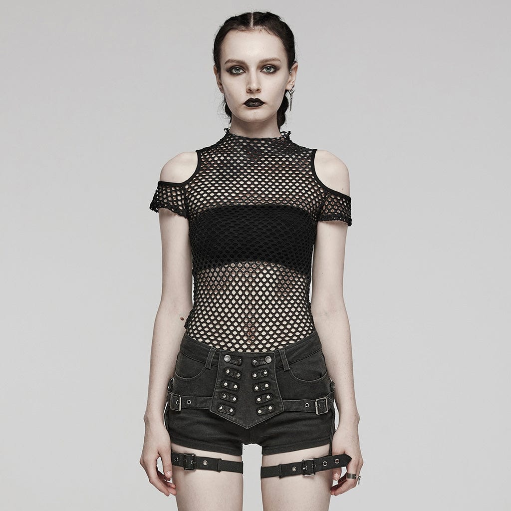 Punk Sheer Cutout Mesh Top Black