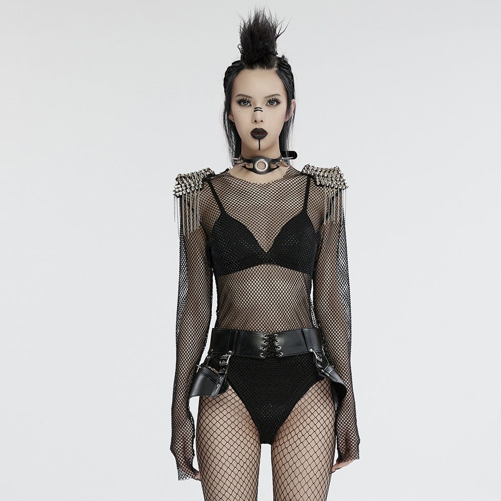 Punk Studded Tassel Mesh Bodysuit Black