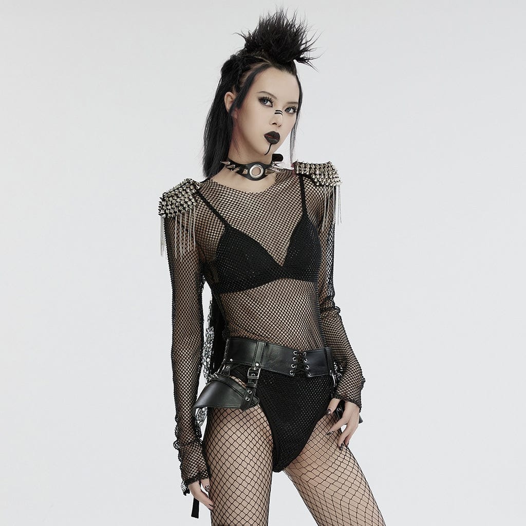 Punk Studded Tassel Mesh Bodysuit Black