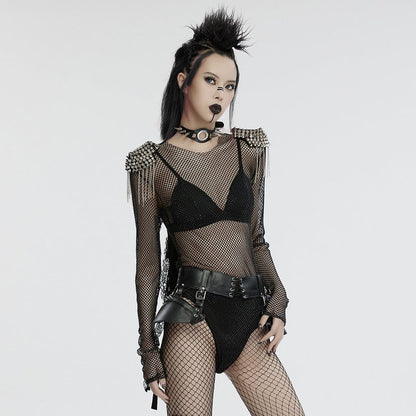 Punk Studded Tassel Mesh Bodysuit Black
