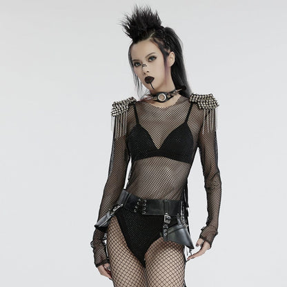 Punk Studded Tassel Mesh Bodysuit Black