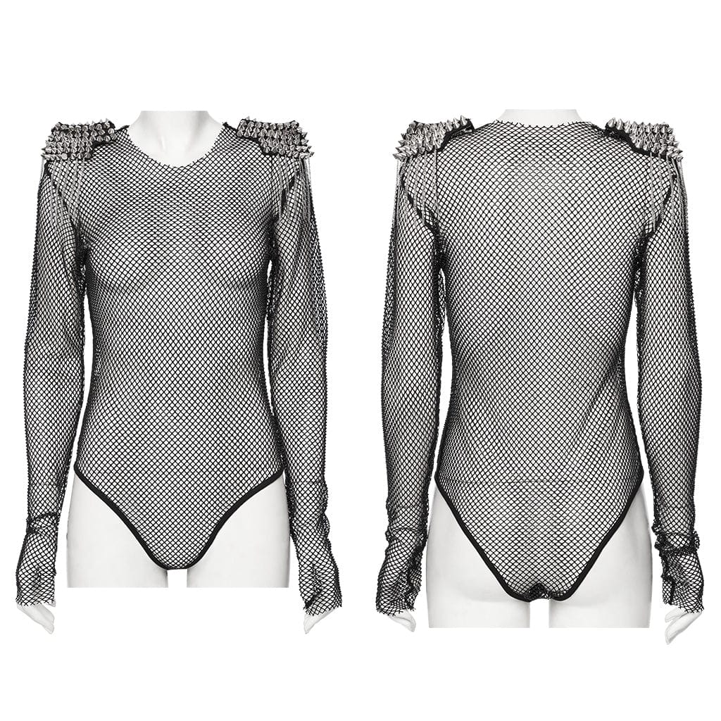 Punk Studded Tassel Mesh Bodysuit Black