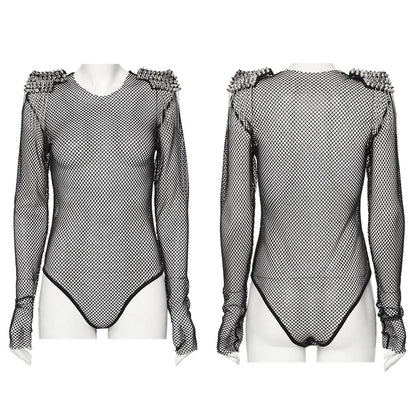 Punk Studded Tassel Mesh Bodysuit Black