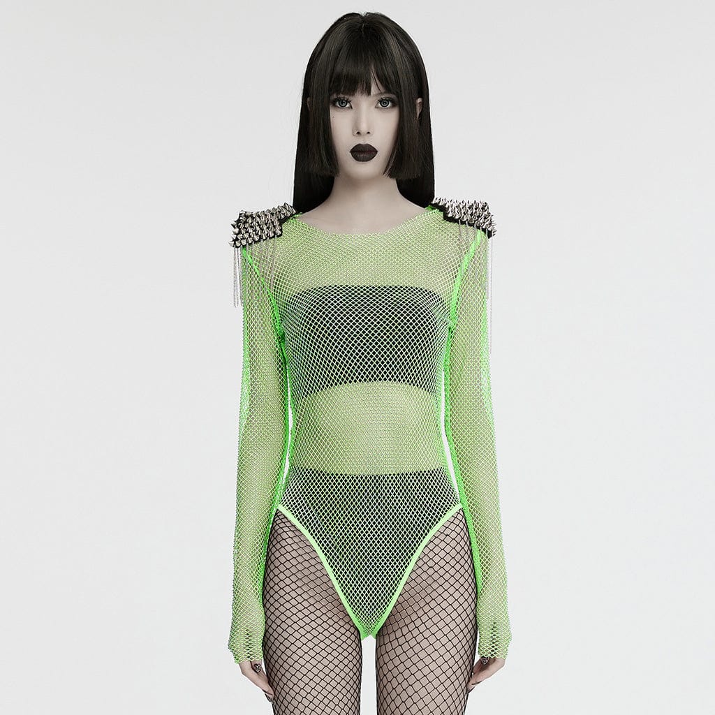 Punk Studded Tassel Mesh Bodysuit Green