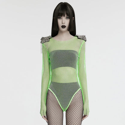 Punk Studded Tassel Mesh Bodysuit Green