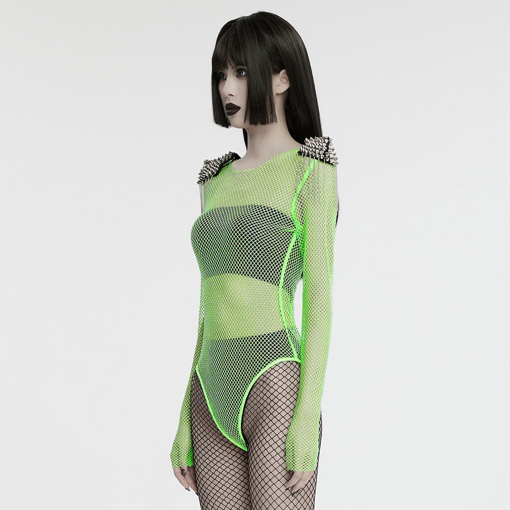 Punk Studded Tassel Mesh Bodysuit Green