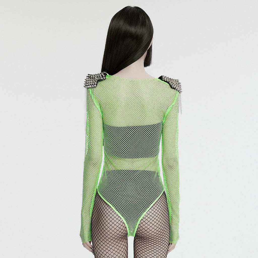 Punk Studded Tassel Mesh Bodysuit Green