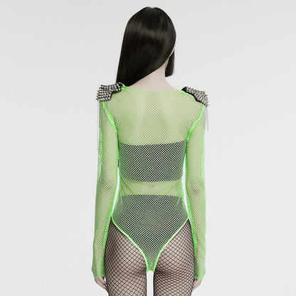 Punk Studded Tassel Mesh Bodysuit Green