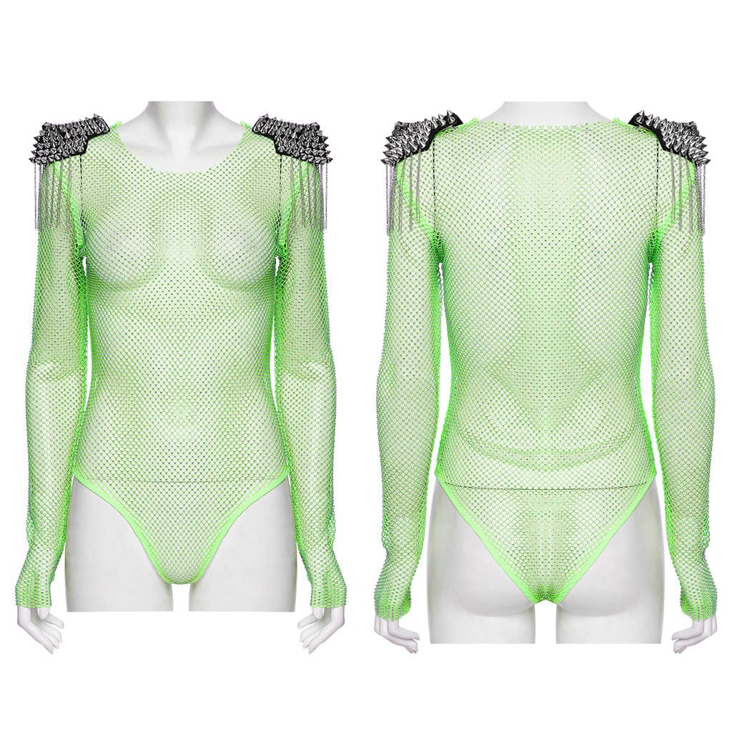 Punk Studded Tassel Mesh Bodysuit Green
