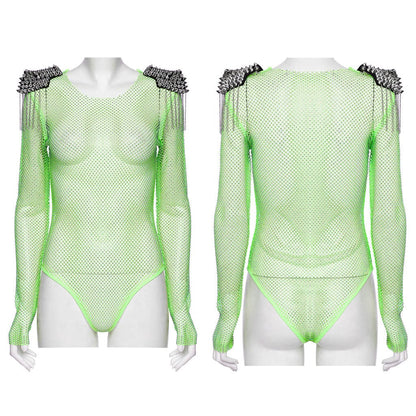 Punk Studded Tassel Mesh Bodysuit Green