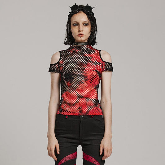 Punk Tie-dyed Cutout Mesh Top Black-Red