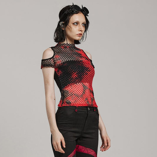 Punk Tie-dyed Cutout Mesh Top Black-Red