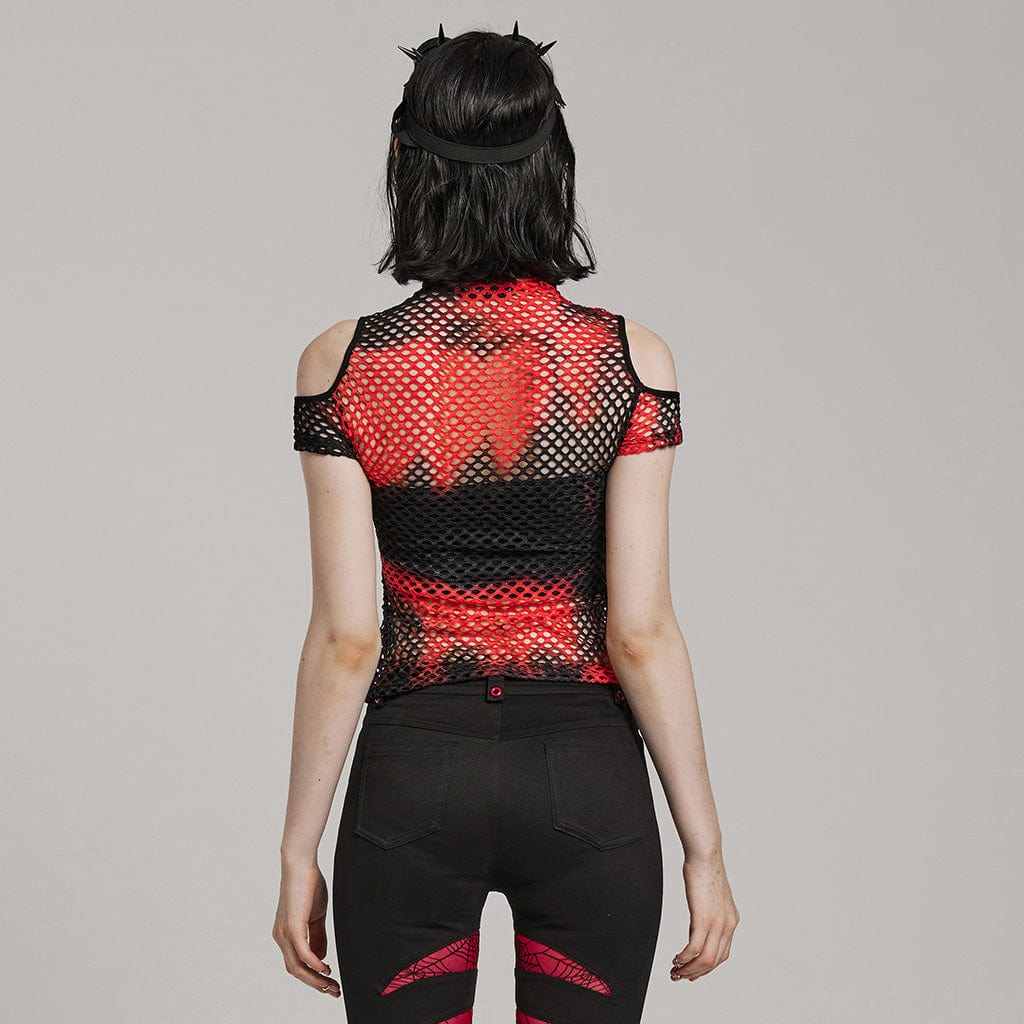 Punk Tie-dyed Cutout Mesh Top Black-Red