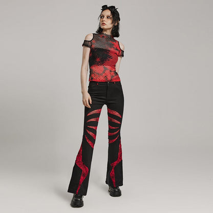 Punk Tie-dyed Cutout Mesh Top Black-Red